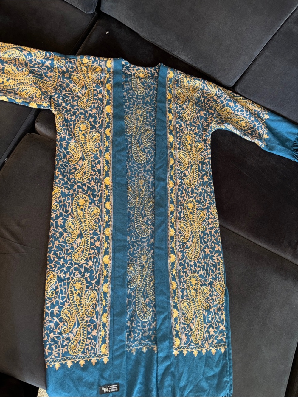100% Cashmere  Custom Teal and Gold Embroidered Trench Coat. Collectible piece